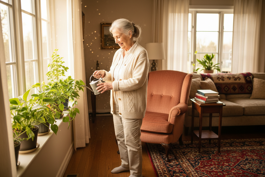 An elderly woman standing in front of window watering her pants.