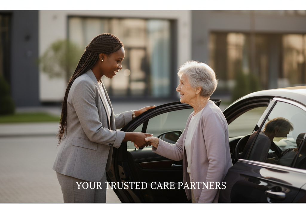 Caregiver assisting elderly person out of car