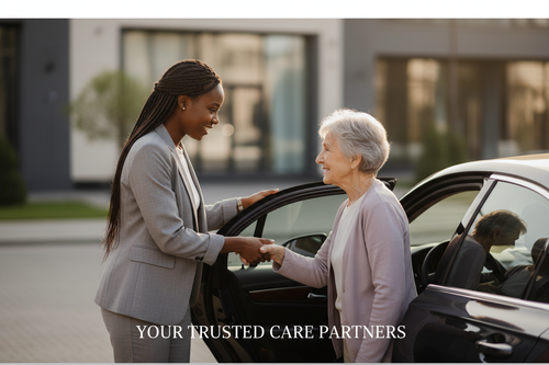 Caregiver assisting elderly person out of car