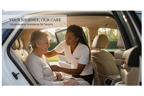 Caregiver ensuring elderly person is comfortable in car