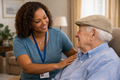 Woman checking in on an elderly man