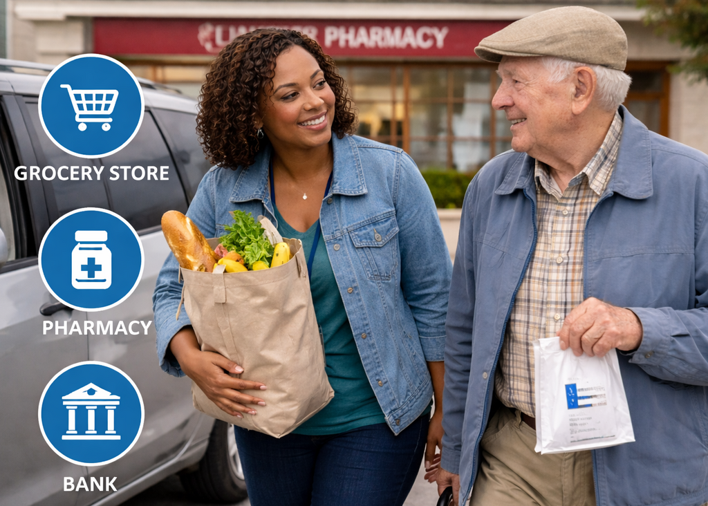 Woman assisting an elderly man with groceries and prescriptions